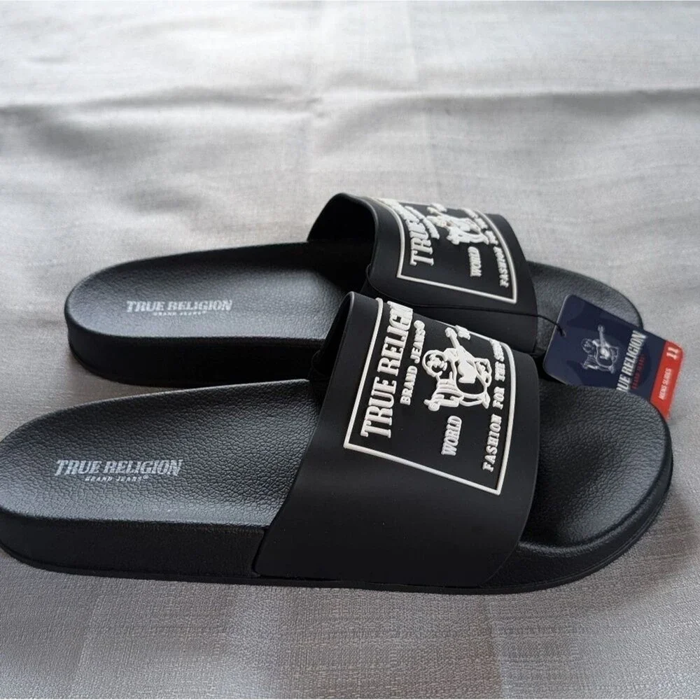 True Religion Kendrick Logo Black Slides Men's Size 11 NEW!